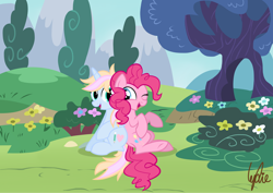 Size: 3562x2526 | Tagged: safe, artist:lydia, pinkie pie, oc, oc:windy／painting heart, earth pony, pony, unicorn, g4, blue sky, cute, date, dragon ball, flower, grass, happy, high res, hill, male, mountain, open mouth, ponyville, raised hoof, show accurate, sitting, sky, smiling, stone, tree, vegeta