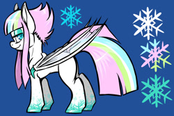Size: 1024x683 | Tagged: safe, artist:michifishu, oc, oc only, oc:gale stone, pony, bat wings, blue background, commission, eyeshadow, female, makeup, mare, multicolored mane, side view, simple background, snow, snowflake, solo, transparent wings, two toned coat, white coat, wings