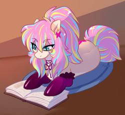 Size: 2893x2665 | Tagged: safe, artist:kaenn, oc, oc:bijou butterfly, earth pony, pony, closed mouth, clothes, earth pony oc, female, garter belt, high res, lace, leg warmers, lingerie, mare, multicolored hair, pony oc, ponytail, rainbow hair, reading, socks, solo, study, studying