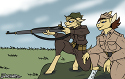Size: 1148x724 | Tagged: safe, artist:razinoats, oc, oc:marksmare, oc:sniper hooves, earth pony, anthro, father and child, father and daughter, female, gun, male, military, rifle, weapon
