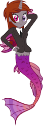 Size: 3000x8835 | Tagged: safe, artist:razoruniboop, edit, editor:funny jo, oc, oc only, oc:funny jo, human, mermaid, equestria girls, g4, arm behind head, business suit, clothes, female, fins, fish tail, gills, hand on hip, heterochromia, horn, mermaid tail, mermaidized, multicolored tail, necktie, proud, simple background, slit pupils, smiling, solo, species swap, tail, transparent background