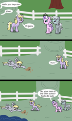 Size: 1920x3240 | Tagged: safe, artist:platinumdrop, derpy hooves, diamond tiara, dinky hooves, silver spoon, earth pony, pegasus, pony, unicorn, g4, 3 panel comic, accident, bag, braid, braided ponytail, bully, bullying, clumsy, comic, commission, concerned, dazed, dialogue, equestria's best mother, female, fence, fencing, filly, foal, food, frown, glasses, grass, jewelry, lying down, mare, mocking, mother and child, mother and daughter, muffin, necklace, open mouth, open smile, outdoors, pathway, ponytail, prone, smiling, smug, smug smile, speech bubble, spread wings, tiara, tree, walking, wings