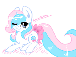 Size: 1024x768 | Tagged: safe, artist:mt45, oc, oc only, oc:sucette, pony, unicorn, blue eyes, blue mane, bow, eyeshadow, female, horn, makeup, mare, one eye closed, pink mane, simple background, solo, tail, tail bow, transparent background, two toned mane, unicorn oc, white coat, wink