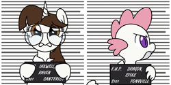 Size: 2070x1032 | Tagged: safe, artist:pony4koma, raven, spike, dragon, pony, unicorn, g4, about to cry, alternate color palette, alternate design, alternate hairstyle, angry, barbie, barbie (film), barbie mugshot meme, blind bag, captured, caught, crime, criminal, cute, duo, duo male and female, female, glasses, hand hold, hoof hold, looking at you, male, mare, meme, mugshot, necktie, older, older spike, open mouth, ravenbetes, recolor, round glasses, sad, ship:ravenspike, shipping, spikabetes, straight, text, toy, toy interpretation, twilight hair, winged spike, wings