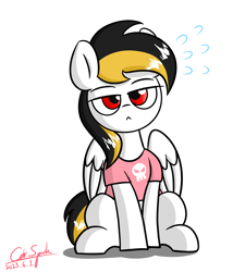 Size: 2700x3000 | Tagged: safe, artist:cdrspark, oc, oc only, oc:spark apocalypse, pegasus, pony, :<, clothes, female, filly, foal, high res, lidded eyes, pegasus oc, shirt, simple background, sitting, solo, t-shirt, white background