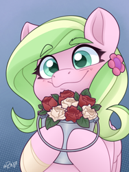 Size: 2028x2704 | Tagged: safe, artist:rivin177, oc, oc only, pegasus, pony, bandage, blushing, bucket, commission, cute, ears, flower, holding, ocbetes, raised hoof, rose, simple background, smiling, wide eyes, wings