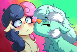 Size: 3520x2408 | Tagged: safe, artist:witchtaunter, bon bon, lyra heartstrings, sweetie drops, earth pony, pony, unicorn, g4, abstract background, blushing, cheek kiss, chest fluff, cute, duo, duo female, ear fluff, eyes closed, female, floppy ears, gradient background, heart, high res, kissing, l.u.l.s., lesbian, lyrabetes, mare, ship:lyrabon, shipping, surprised
