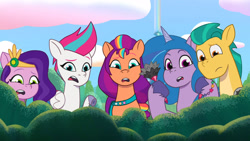 Size: 3072x1727 | Tagged: safe, screencap, hitch trailblazer, izzy moonbow, pipp petals, sunny starscout, zipp storm, earth pony, pegasus, pony, unicorn, as the misty clears, g5, my little pony: tell your tale, spoiler:g5, spoiler:my little pony: tell your tale, spoiler:tyts01e53, crystal brighthouse, eyebrows, female, frown, male, mane five, mane stripe sunny, mare, open mouth, raised eyebrow, royal sisters (g5), siblings, sisters, stallion