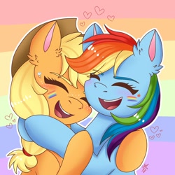Size: 2000x2000 | Tagged: safe, artist:galaxy swirl, applejack, rainbow dash, earth pony, pegasus, pony, g4, applejack's hat, blushing, colored eyebrows, cowboy hat, cute, dashabetes, duo, duo female, eyebrows, female, freckles, hat, heart, high res, hug, jackabetes, lesbian, lgbt, mare, open mouth, open smile, pride, pride flag, pride month, rainbow background, ship:appledash, shipping, signature, smiling