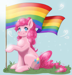 Size: 1339x1385 | Tagged: safe, artist:erein, pinkie pie, earth pony, pony, g4, ears up, female, flag, gay pride flag, lgbt, pride, pride flag, pride month, simple background, smiling, solo