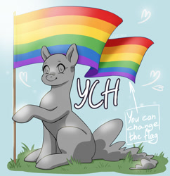Size: 1339x1385 | Tagged: safe, artist:erein, advertisement, any gender, any race, auction, auction open, commission, ears up, flag, gay pride flag, lgbt, pride, pride flag, pride month, simple background, smiling, solo, ych sketch, your character here