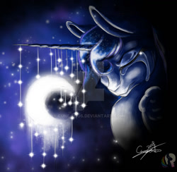 Size: 1024x998 | Tagged: safe, artist:cune-roos, princess luna, alicorn, pony, g4, 2018, beautiful, bust, crying, dangling, dark, deviantart watermark, ethereal mane, eyes closed, glowing, highlights, horn, long horn, moon, night, obtrusive watermark, sad, signature, starry mane, stars, tangible heavenly object, teary eyes, watermark