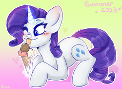 Size: 2947x2150 | Tagged: safe, artist:pozya1007, rarity, pony, unicorn, g4, ;p, blushing, cute, female, food, gradient background, high res, ice cream, lying down, mare, one eye closed, raribetes, smiling, solo, summer, tongue out