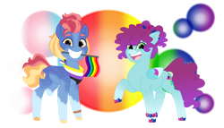 Size: 1280x732 | Tagged: safe, artist:itstechtock, oc, oc only, oc:fruit loops, oc:glitter bomb, oc:sunrise starshine, earth pony, pegasus, pony, g5, bisexual pride flag, earth pony oc, magical lesbian spawn, nonbinary pride flag, offspring, parent:izzy moonbow, parent:jazz hooves, parent:pipp petals, parent:sunny starscout, parents:jazzpipp, parents:moonscout, pegasus oc, pride, pride flag, simple background, species swap, transparent background