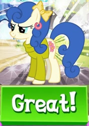 Size: 594x834 | Tagged: safe, edit, gameloft, blueberry curls, bubblegum blossom, earth pony, pony, my little pony: magic princess, bow, caption, clothes, ear piercing, earring, female, hair bow, image macro, jewelry, mare, meme, piercing, solo, sweater, text, tree, wow! glimmer