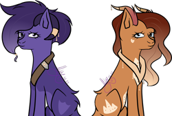 Size: 4927x3312 | Tagged: safe, artist:thecommandermiky, oc, oc only, oc:miky command, oc:trystan, deer, deer pony, original species, accessory, blue eyes, deer oc, duo, duo female, female, horn, horn jewelry, jewelry, mare, non-pony oc, purple eyes, simple background, smiling, transparent background