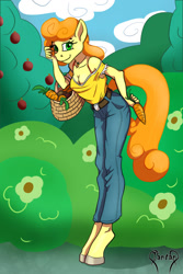 Size: 1000x1500 | Tagged: safe, artist:furryfantan, carrot top, golden harvest, earth pony, anthro, unguligrade anthro, g4, basket, blouse, breasts, carrot, cleavage, clothes, cute, cutie, cutie top, denim, food, jeans, looking at you, pants, smiling, solo