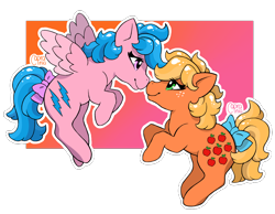Size: 2000x1550 | Tagged: safe, artist:caprania, applejack (g1), firefly, pony, g1, bow, female, gradient background, lesbian, ship:applefly, shipping, simple background, tail, tail bow, transparent background