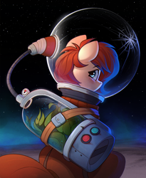 Size: 1514x1847 | Tagged: safe, artist:rexyseven, oc, oc only, oc:rusty gears, earth pony, pony, air tank, astronaut, female, leaves, looking back, mare, plant, sitting, solo, space, spacesuit