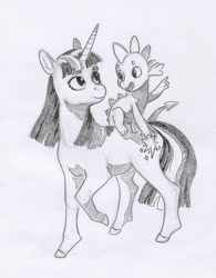 Size: 652x838 | Tagged: safe, artist:adeptus-monitus, spike, twilight sparkle, dragon, pony, unicorn, g4, dragons riding ponies, duo, female, grayscale, male, mare, monochrome, pencil drawing, riding, simple background, traditional art, white background