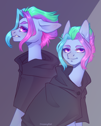 Size: 3069x3844 | Tagged: safe, artist:dreamyrat, oc, oc only, earth pony, pony, angry, blue mane, cloak, clothes, earth pony oc, female, floppy ears, green mane, high res, looking at you, mare, open mouth, purple eyes, purple mane, simple background, smiling, smiling at you, solo