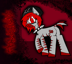Size: 1824x1630 | Tagged: safe, artist:xxv4mp_g4z3rxx, oc, oc:zoloft, zebra, beanie, butt, collar, ear piercing, eyeliner, fangs, hat, makeup, piercing, plot, rear view, red background, red eyes, red mane, safety pin, signature, simple background, solo, spiked collar