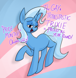 Size: 1269x1290 | Tagged: safe, artist:moonatik, trixie, pony, unicorn, g4, abstract background, female, mare, missing accessory, pride, pride flag, pride month, raised hoof, solo, talking to viewer, trans trixie, transgender pride flag