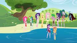 Size: 8000x4499 | Tagged: safe, applejack, fluttershy, pinkie pie, rainbow dash, rarity, sci-twi, spike, sunset shimmer, trixie, twilight sparkle, zecora, human, equestria girls, g4, ankle cuffs, atlantis: the lost empire, bandeau, barefoot, barefoot sandals, barely covered, belly button, bikini babe, body markings, bodypaint, bra, bracelet, breasts, cape, clothes, collar, costume, cuffs, ear piercing, equestria girls-ified, feet, female, front knot midriff, human spike, humane five, humane seven, humane six, humanized, james cameron's avatar, jewelry, jungle boy, jungle girl, krystal, lake, lake party, leaf, leaf bikini, leaves, loincloth, male, midriff, mohawk, outfit, piercing, pocahontas, queen la, sarong, star fox, star fox adventures, swimsuit, swing, tail, tailed humanization, tarzan, the road to el dorado, tree, tribal, tribal markings, underwear, water