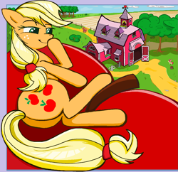 Size: 1221x1184 | Tagged: safe, artist:sallycars, apple bloom, applejack, big macintosh, earth pony, pony, g4, apple, apple tree, applebutt, barn, butt, female, filly, foal, food, giant apple, hoof over mouth, legitimately amazing mspaint, male, mare, ms paint, plot, solo focus, stallion, sweet apple acres, tree, trio