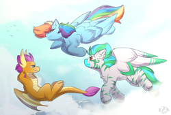 Size: 2962x1999 | Tagged: safe, artist:beardie, rainbow dash, smolder, oc, dragon, pegasus, pony, g4, cloud, cute, female, flying, male, trio