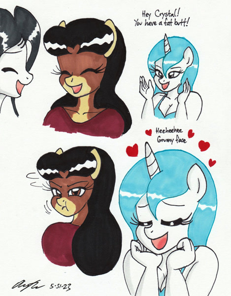 3068095 - safe, artist:newyorkx3, oc, oc only, oc:crystal, oc:sally,  oc:yuki, earth pony, unicorn, anthro, boob smothering, breast squish,  breasts, cleavage, eyeshadow, female, makeup, one eye closed, open mouth,  open smile, scrunchy face