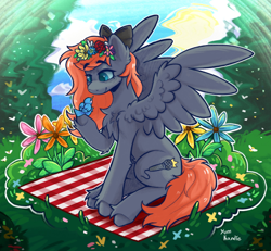 Size: 2048x1890 | Tagged: safe, artist:yumkandie, oc, oc only, oc:darknightprincess, oc:scarlet moonlight, bird, pegasus, pony, bow, chest fluff, female, floral head wreath, flower, flower in hair, hair bow, mare, outdoors, picnic blanket, red mane, solo, spring