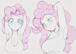 Size: 1984x1408 | Tagged: safe, ai assisted, ai content, artist:dotkwa, edit, pinkie pie, human, g4, arm behind head, armpits, big breasts, breasts, busty pinkie pie, cleavage, female, humanized, looking at you, partial color, sketch, solo, sweat, sweating profusely