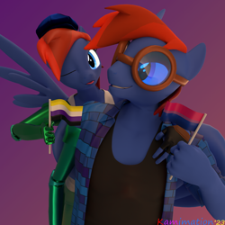 Size: 2048x2048 | Tagged: safe, artist:kamimation, oc, oc only, oc:kam pastel, pegasus, anthro, 3d, 3d model, amputee, bisexual male, bisexual pride flag, blender, clothes, flannel, folded wings, goggles, gradient background, high res, looking at you, nonbinary, one eye closed, pride, pride flag, pride month, prosthetic limb, prosthetics, self paradox, selfcest, shipping, smiling, smirk, spread wings, tongue out, watermark, wings, wink, winking at you