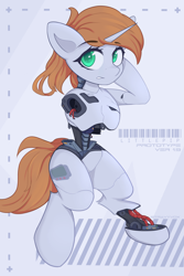 Size: 4000x6000 | Tagged: safe, artist:stravy_vox, oc, oc only, oc:littlepip, gynoid, pony, robot, robot pony, unicorn, fallout equestria, abstract background, amputee, female, looking at you, prosthetic leg, prosthetic limb, prosthetics, solo