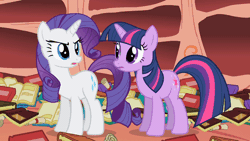 Size: 800x450 | Tagged: safe, screencap, rarity, twilight sparkle, pony, unicorn, g4, season 1, sonic rainboom (episode), angry, animated, book, butt bump, butt smash, duo, duo female, ei, female, gif, golden oaks library, hub logo, logo, mare, mess, now go on, ouch, out of context, rarity is not amused, the hub, twilybuse, unamused, unicorn twilight