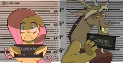 Size: 2896x1500 | Tagged: safe, artist:naquelinedelch2, discord, fluttershy, draconequus, pegasus, pony, g4, :c, barbie, barbie (film), barbie mugshot meme, duo, duo male and female, female, floppy ears, frown, grin, implied discoshy, implied shipping, implied straight, looking at you, male, meme, mugshot, narrowed eyes, sad, shadow, shrunken pupils, smiling, smiling at you