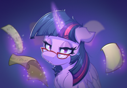 Size: 2000x1389 | Tagged: safe, artist:witchtaunter, twilight sparkle, alicorn, pony, g4, chest fluff, ear fluff, female, floppy ears, glasses, lidded eyes, magic, mare, paper, simple background, solo, taxes, telekinesis, twilight sparkle (alicorn), twilight sparkle is not amused, unamused