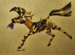 Size: 1972x1424 | Tagged: safe, artist:cahandariella, zecora, zebra, g4, colored pencil drawing, ear piercing, earring, female, filly, flower, foal, jewelry, necklace, newbie artist training grounds, piercing, running, solo, traditional art