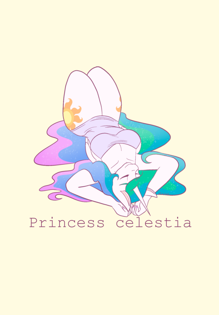 [alicorn,anthro,breasts,cleavage,clothes,eyes closed,female,mare,nightgown,on back,princess celestia,safe,simple background,solo,lying down,thighs,part of a set,smiling,artist:mscolorsplash,yellow background,busty princess celestia]