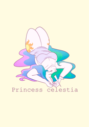 Size: 1423x2048 | Tagged: safe, artist:mscolorsplash, part of a set, princess celestia, alicorn, anthro, g4, breasts, busty princess celestia, cleavage, clothes, eyes closed, female, lying down, mare, nightgown, on back, simple background, smiling, solo, thighs, yellow background