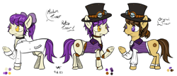 Size: 2384x1022 | Tagged: safe, artist:underwoodart, oc, oc only, oc:tinker, earth pony, pony, robot, robot pony, animatronic, ball jointed doll, bow, brown mane, choker, clothes, cravat, earth pony oc, goggles, goggles on head, hair bow, hairpin, hat, lab coat, ponytail, purple eyes, purple mane, reference sheet, simple background, spats, text, top hat, waistcoat, white background, yellow eyes