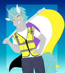 Size: 3890x4340 | Tagged: safe, artist:inisealga, oc, oc only, oc:lunar signal, bat pony, bat pony unicorn, hybrid, unicorn, anthro, aromantic, aromantic pride flag, asexual, asexual pride flag, clothes, commission, denim, ear fluff, fangs, flag, flag pole, fluffy, gradient background, hand on hip, hi-vis vest, holding a flag, horn, jeans, male, male oc, neck fluff, nonbinary, nonbinary pride flag, pants, pins, pride, pride flag, safety vest, shirt, slit pupils, smiling, solo, stallion, standing, t-shirt, tail, ych result