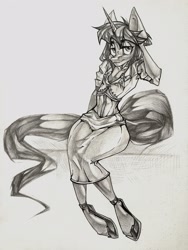 Size: 1620x2160 | Tagged: safe, artist:tlen borowski, oc, oc only, unicorn, anthro, unguligrade anthro, clothes, horn, looking at you, monochrome, skirt, solo, traditional art, unicorn oc