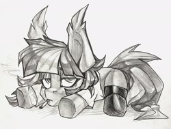 Size: 2265x1716 | Tagged: safe, artist:tlen borowski, oc, oc only, oc:gelya, pony, chibi, cigarette, clothes, ear fluff, latex, latex socks, lidded eyes, looking at you, lying down, monochrome, prone, smoking, socks, solo, traditional art