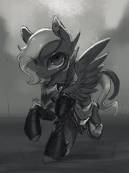 Size: 2048x2732 | Tagged: safe, artist:rottengotika, oc, oc only, pegasus, pony, armor, grayscale, high res, monochrome, solo