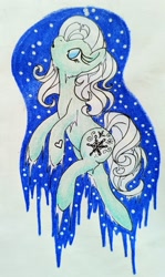 Size: 1277x2143 | Tagged: safe, artist:mintytreble, winter snow, earth pony, pony, g3, atg 2023, cold, hoof heart, newbie artist training grounds, simple background, snow, snowflake, solo, traditional art, underhoof, winter, winterabetes