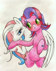 Size: 1011x1280 | Tagged: safe, artist:mintytreble, skywishes, star catcher, earth pony, pegasus, pony, g3, bipedal, couple, duo, female, flirting, hoof heart, lesbian, looking at each other, looking at someone, ship:skycatcher, shipping, shipping fuel, traditional art, underhoof