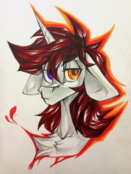 Size: 1620x2160 | Tagged: safe, artist:tlen borowski, oc, oc only, pony, unicorn, bust, chest fluff, floppy ears, heterochromia, horn, looking at you, portrait, solo, traditional art, unicorn oc