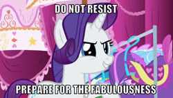 Size: 1066x600 | Tagged: safe, edit, edited screencap, editor:twi clown, screencap, rarity, pony, unicorn, g4, she's all yak, caption, carousel boutique, clothes rack, female, image macro, mare, meme, raised hoof, smiling, solo, text